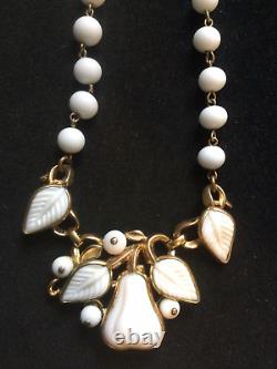 Vintage 1950s Crown Trifari Necklace by Alfred Philippe Milk Glass Pear Goldtone