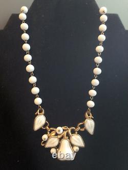 Vintage 1950s Crown Trifari Necklace by Alfred Philippe Milk Glass Pear Goldtone