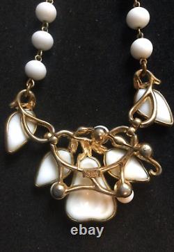 Vintage 1950s Crown Trifari Necklace by Alfred Philippe Milk Glass Pear Goldtone