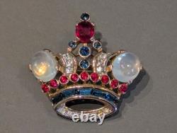 Vintage 925 Trifari Crown Moonstone Cabs Rhinestones Alfred Philippe Brooch Pin