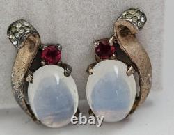 Vintage Alfred Philipe Crown Trifari Jelly Belly Moonstone Clip Earrings Signed