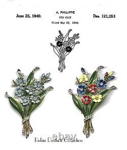 Vintage Alfred Philippe Crown Trifari Enamel Flower Bouquet Fur Clip Pin 1940s