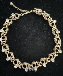 Vintage Alfred Philippe Crown Trifari Gold Scroll Necklace Dangling Rhinestones