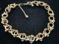 Vintage Alfred Philippe Crown Trifari Gold Scroll Necklace Dangling Rhinestones