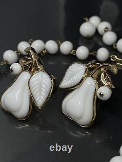 Vintage Alfred Philippe Crown Trifari Milk Glass Pear Necklace Clip Earrings Set