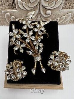 Vintage Alfred Philippe Crown Trifari Pat Pend Flower Brooch Earrings Cluster