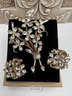 Vintage Alfred Philippe Crown Trifari Pat Pend Flower Brooch Earrings Cluster