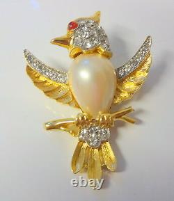 Vintage Alfred Philippe Crown Trifari Rhinestone Cabochon Pearl Bird Pin Brooch