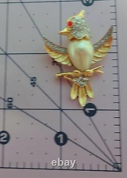 Vintage Alfred Philippe Crown Trifari Rhinestone Cabochon Pearl Bird Pin Brooch