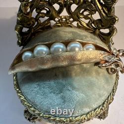 Vintage Alfred Philippe Crown Trifari Sign Pea Pod Rhinesatone Pearl Brooch Pin