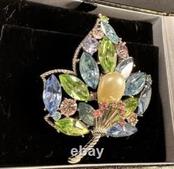 Vintage Alfred Philippe Crown Trifari Silver Tone Fruit Salad Pearl Leaf Brooch