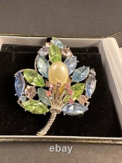 Vintage Alfred Philippe Crown Trifari Silver Tone Fruit Salad Pearl Leaf Brooch