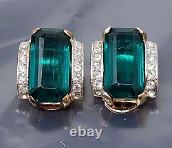 Vintage Alfred Philippe Trifari Sterling Silver Emerald Crystal Clip on Earrings