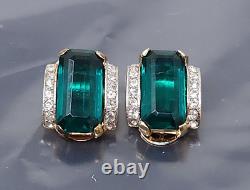 Vintage Alfred Philippe Trifari Sterling Silver Emerald Crystal Clip on Earrings