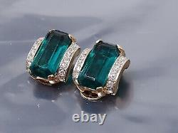 Vintage Alfred Philippe Trifari Sterling Silver Emerald Crystal Clip on Earrings