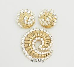 Vintage Alfred Philippe Trifari gold tone crystals swirl brooch and earrings set