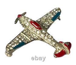 Vintage Art Deco WWII Airplane Jet Brooch Pin Patriotic Rhinestones Enamel