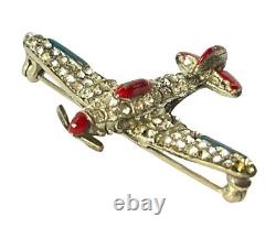 Vintage Art Deco WWII Airplane Jet Brooch Pin Patriotic Rhinestones Enamel