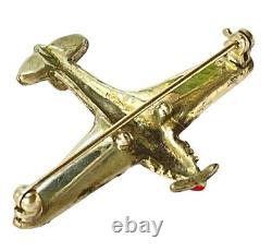 Vintage Art Deco WWII Airplane Jet Brooch Pin Patriotic Rhinestones Enamel