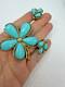 Vintage Brooch Trifari Flower Clip Earrings Turquoise Blue Plastic Set Lot Match