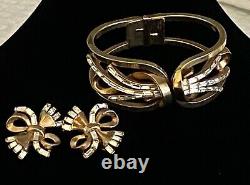 Vintage Clamper Bracelet Earring Set Crown Trifari Alfred Philippe Book Pc Gold