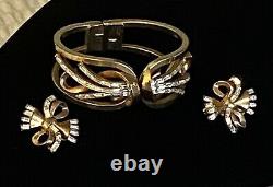 Vintage Clamper Bracelet Earring Set Crown Trifari Alfred Philippe Book Pc Gold