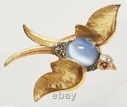Vintage Crown TRIFARI Alfred Philippe Moonstone Glass RS Swallow Bird Brooch