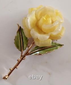 Vintage Crown TRIFARI PHILLIPPE Carved YELLOW ROSE w ENAMEL Leaves Brooch 1955