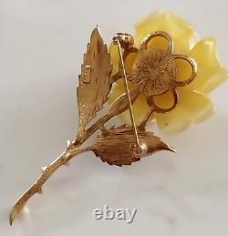 Vintage Crown TRIFARI PHILLIPPE Carved YELLOW ROSE w ENAMEL Leaves Brooch 1955