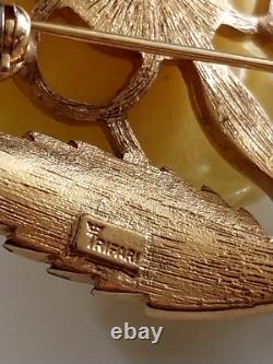 Vintage Crown TRIFARI PHILLIPPE Carved YELLOW ROSE w ENAMEL Leaves Brooch 1955