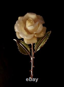 Vintage Crown TRIFARI PHILLIPPE Carved YELLOW ROSE w ENAMEL Leaves Brooch 1955