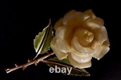 Vintage Crown TRIFARI PHILLIPPE Carved YELLOW ROSE w ENAMEL Leaves Brooch 1955