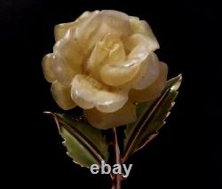 Vintage Crown TRIFARI PHILLIPPE Carved YELLOW ROSE w ENAMEL Leaves Brooch 1955