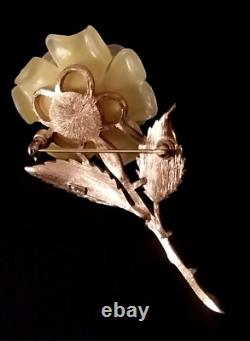 Vintage Crown TRIFARI PHILLIPPE Carved YELLOW ROSE w ENAMEL Leaves Brooch 1955