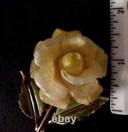 Vintage Crown TRIFARI PHILLIPPE Carved YELLOW ROSE w ENAMEL Leaves Brooch 1955