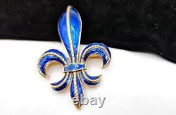 Vintage Crown TRIFARI Royal Blue Enamel Guilloche L'Orient Fleur De Lis Brooch