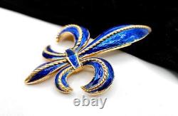 Vintage Crown TRIFARI Royal Blue Enamel Guilloche L'Orient Fleur De Lis Brooch