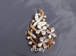 Vintage Crown Trifari ALFRED PHILIPPE White Rhinestone Gold tone Flower Brooch