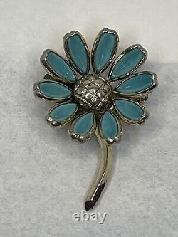 Vintage Crown Trifari Alfred Philippe 1950 Aqua Blue Poured Glass Flower Brooch