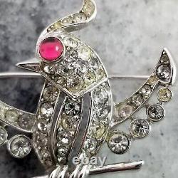 Vintage Crown Trifari Alfred Philippe Bird Brooch Clear Rhinestones Red Eye