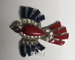 Vintage Crown Trifari Alfred Philippe Bird Fur Clip Crystal Patriotic Blue&Red