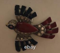 Vintage Crown Trifari Alfred Philippe Bird Fur Clip Crystal Patriotic Blue&Red