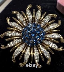 Vintage Crown Trifari Alfred Philippe Blue Crystal Chrysanthemum Flower Brooch