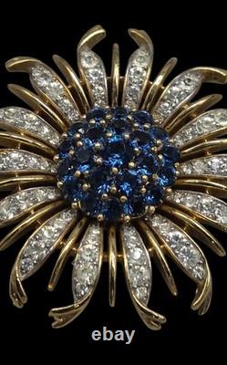 Vintage Crown Trifari Alfred Philippe Blue Crystal Chrysanthemum Flower Brooch