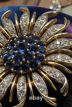 Vintage Crown Trifari Alfred Philippe Blue Crystal Chrysanthemum Flower Brooch