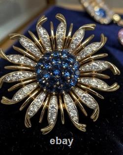 Vintage Crown Trifari Alfred Philippe Blue Crystal Chrysanthemum Flower Brooch