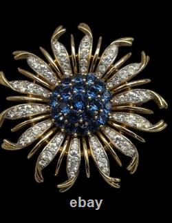 Vintage Crown Trifari Alfred Philippe Blue Crystal Chrysanthemum Flower Brooch