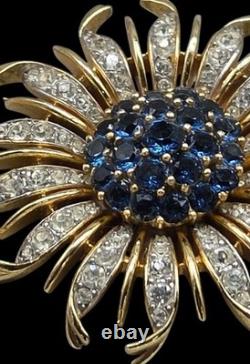 Vintage Crown Trifari Alfred Philippe Blue Crystal Chrysanthemum Flower Brooch