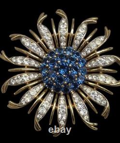 Vintage Crown Trifari Alfred Philippe Blue Crystal Chrysanthemum Flower Brooch