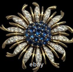 Vintage Crown Trifari Alfred Philippe Blue Crystal Chrysanthemum Flower Brooch